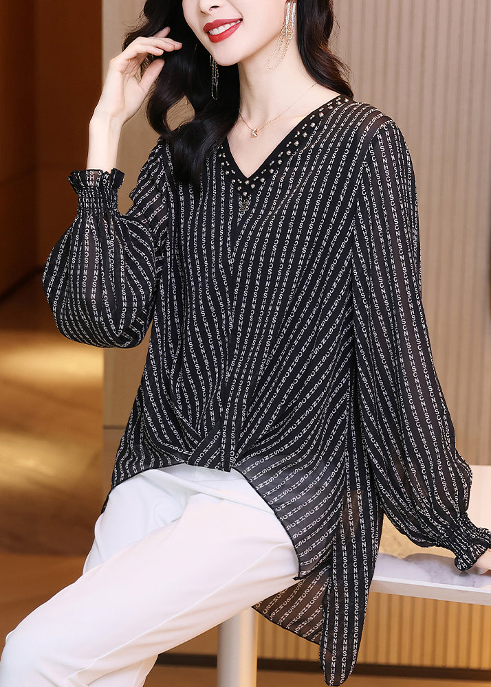 Plus Size Black V Neck low high design Letter Striped Chiffon Top Long Sleeve