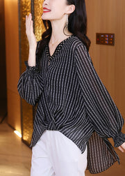 Plus Size Black V Neck low high design Letter Striped Chiffon Top Long Sleeve