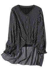 Plus Size Black V Neck low high design Letter Striped Chiffon Top Long Sleeve