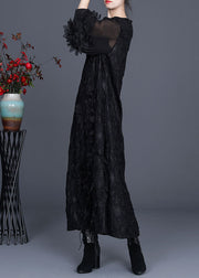 Plus Size Black V Neck wrinkled Nail bead Fall Long Dresses