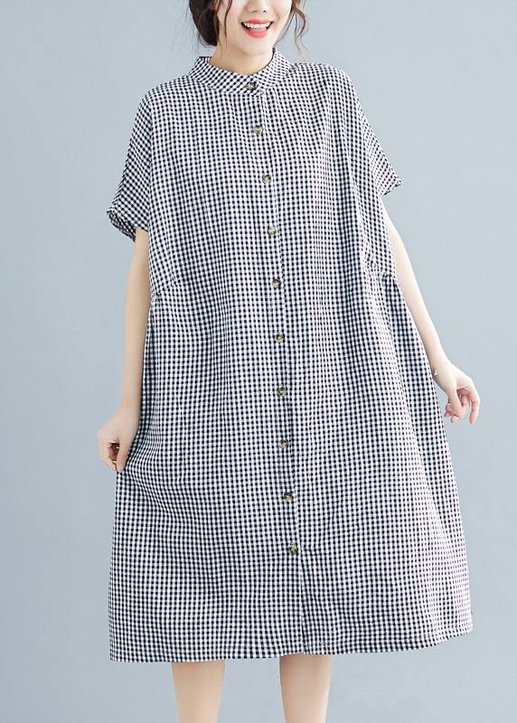 Plus Size Black White Plaid Cotton Pockets Summer Dress - bagstylebliss