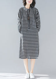 Plus Size Black White Plaid Stand Collar Pockets Side Open Linen Dresses Long Sleeve