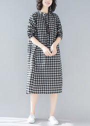 Plus Size Black White Plaid Stand Collar Pockets Side Open Linen Dresses Long Sleeve