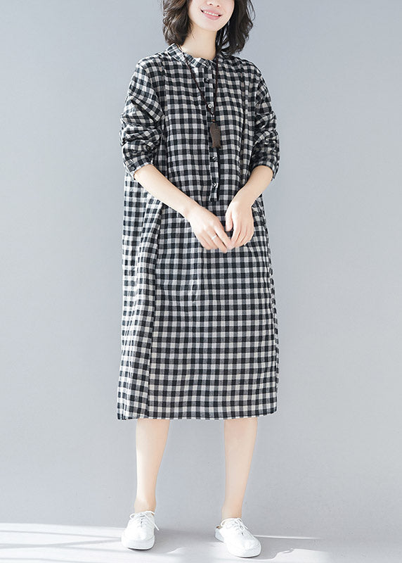 Plus Size Black White Plaid Stand Collar Pockets Side Open Linen Dresses Long Sleeve