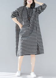 Plus Size Black White Plaid Stand Collar Pockets Side Open Linen Dresses Long Sleeve