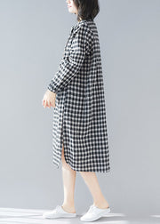 Plus Size Black White Plaid Stand Collar Pockets Side Open Linen Dresses Long Sleeve