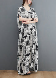 Plus Size Black White Print V Neck Beach Long Dress Short Sleeve