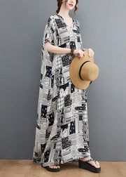 Plus Size Black White Print V Neck Beach Long Dress Short Sleeve