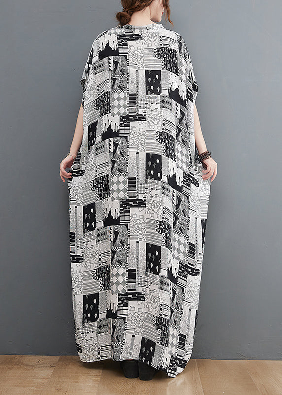 Plus Size Schwarz Weiß Print V-Ausschnitt Strand Langes Kleid Kurzarm