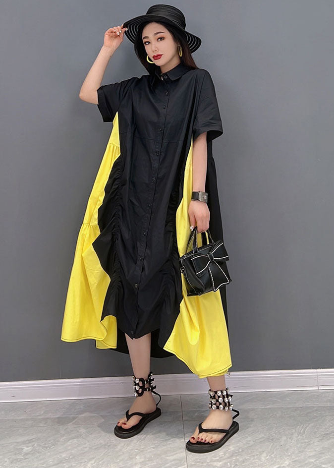 Plus Size Black Yellow Colorblock Peter Pan Collar Wrinkled Cotton Shirt Dress Short Sleeve