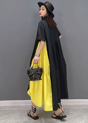 Plus Size Black Yellow Colorblock Peter Pan Collar Wrinkled Cotton Shirt Dress Short Sleeve