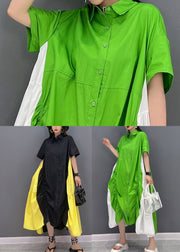 Plus Size Black Yellow Colorblock Peter Pan Collar Wrinkled Cotton Shirt Dress Short Sleeve