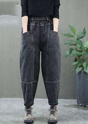 Plus Size Black high waist thick denim Pants Winter