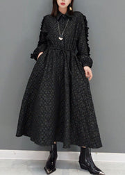 Plus Size Black tie waist Peter Pan Collar Jacquard long Dress Spring