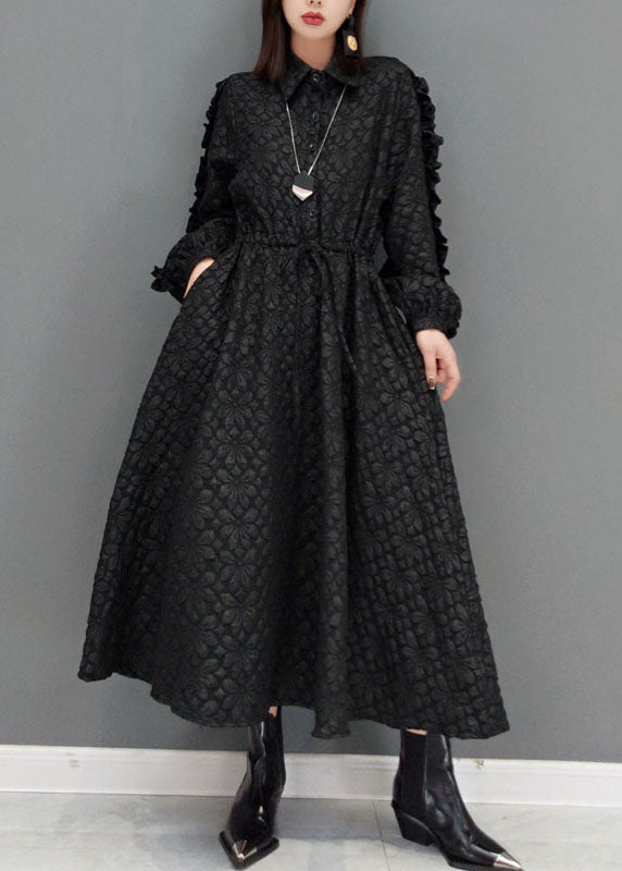 Plus Size Black tie waist Peter Pan Collar Jacquard long Dress Spring