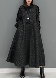 Plus Size Black tie waist Peter Pan Collar Jacquard long Dress Spring