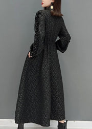 Plus Size Black tie waist Peter Pan Collar Jacquard long Dress Spring