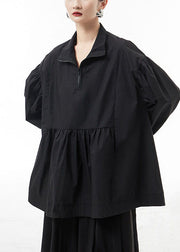 Plus Size Schwarzes, zerknittertes Zip-Up-Hemd mit Laternenärmeln