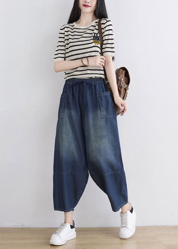 Plus Size Blue Elastic Waist Patchwork Cotton Denim Pants Spring