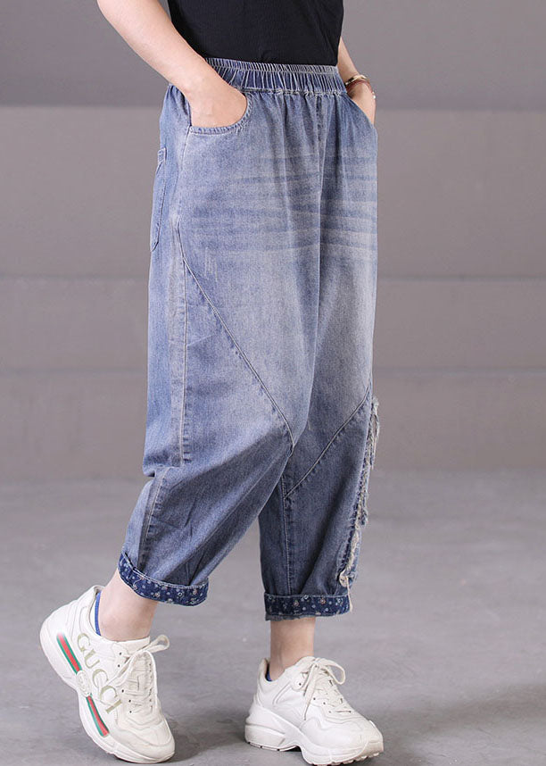 Plus Size Blue Elastic Waist Pockets Patchwork Applique Cotton Denim Harem Pants Summer