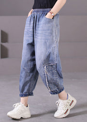 Plus Size Blue Elastic Waist Pockets Patchwork Applique Cotton Denim Harem Pants Summer