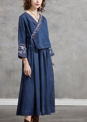 Plus Size Blue Embroideried Asymmetrical Design Tie Waist Cotton Denim Dresses Bracelet Sleeve