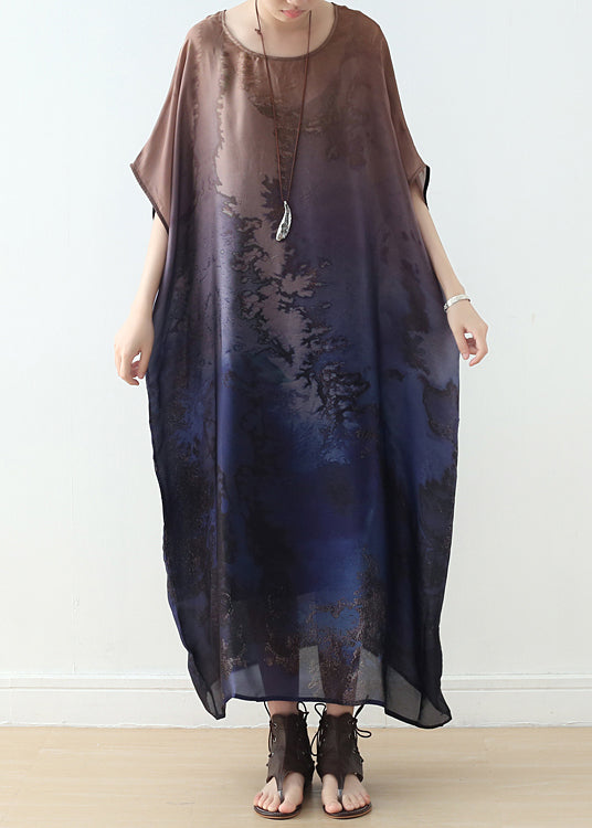 Plus Size Blue Gradient Color O-Neck Draping Print Silk Long Dresses Short Sleeve