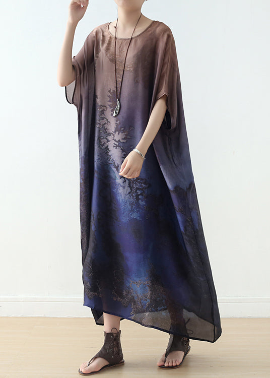 Plus Size Blue Gradient Color O-Neck Draping Print Silk Long Dresses Short Sleeve