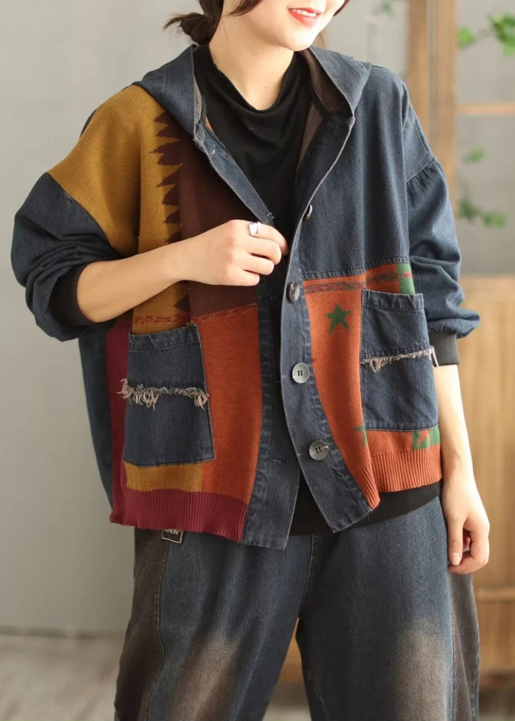 Plus Size Blue Hooded Pockets Patchwork Denim Coat Spring