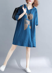 Plus Size Blue Hooded Print Cotton Sweatshirt Dress Summer