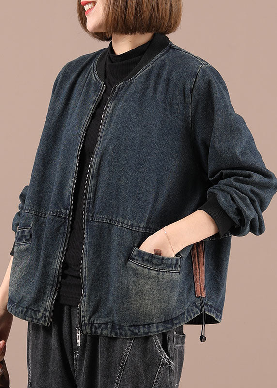 Plus Size Blue Loose Zippered Pockets Fall Denim Long sleeve Jackets