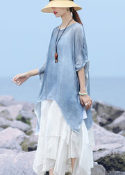 Plus Size Blue O-Neck Asymmetrical design Linen Tops Batwing Sleeve