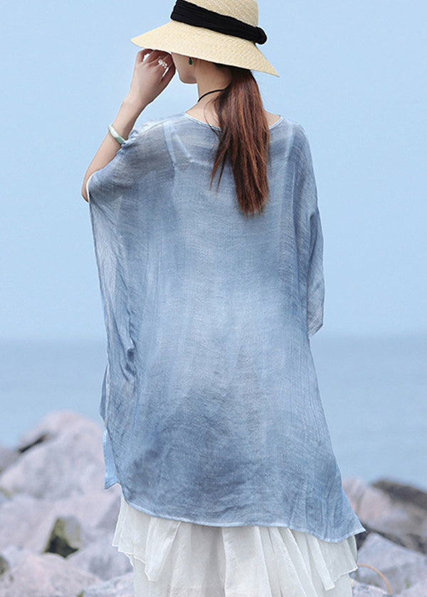 Plus Size Blue O-Neck Asymmetrical design Linen Tops Batwing Sleeve