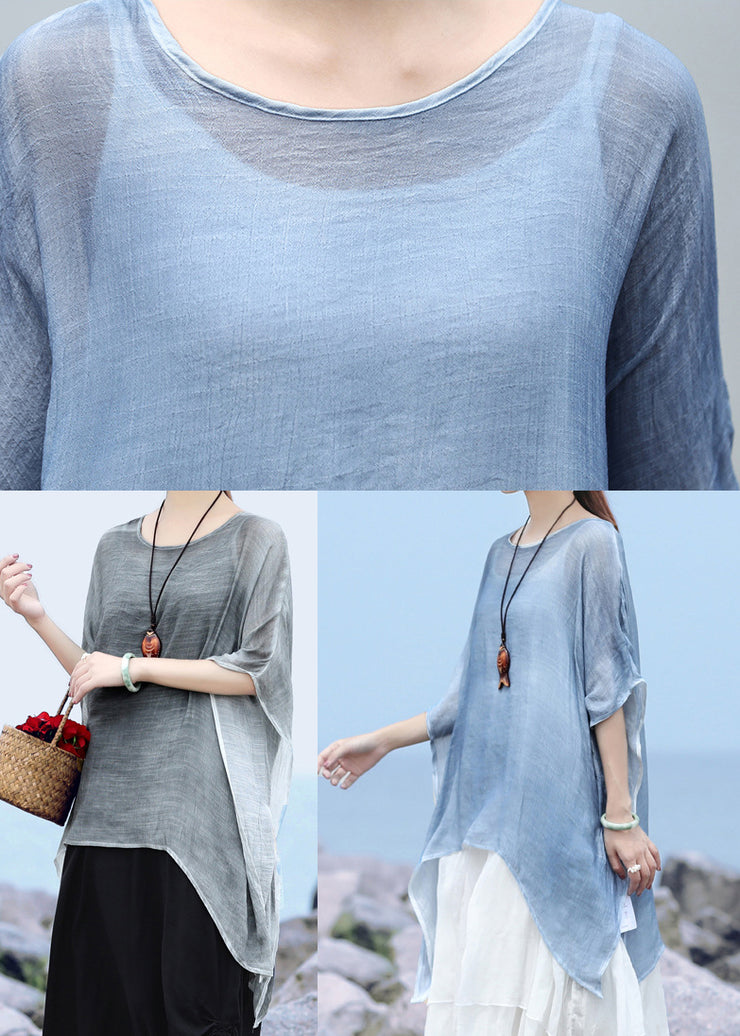 Plus Size Blue O-Neck Asymmetrical design Linen Tops Batwing Sleeve