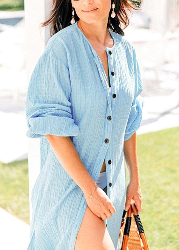 Plus Size Blue O-Neck Button Summer Cotton long shirts - bagstylebliss