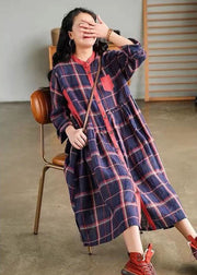 Plus Size Blue O-Neck Plaid Patchwork shirt Dress Spring