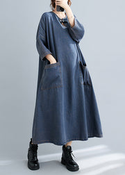 Plus Size Blue O Neck Pockets Patchwork Denim Long Dresses Fall