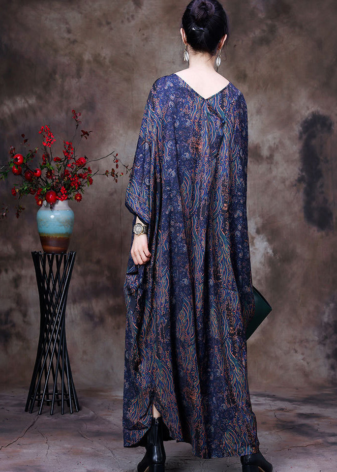 Plus Size Blue O-Neck Print Big Pocket Silk Ankle Dress Long Sleeve