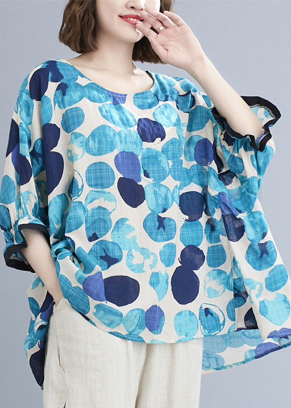 Plus Size Blue O-Neck Ruffled Dot Print Cotton Loose Blouses Short Sleeve