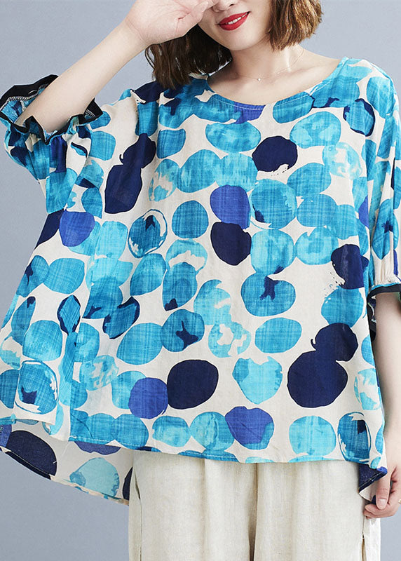 Plus Size Blue O-Neck Ruffled Dot Print Cotton Loose Blusen Short Sleeve