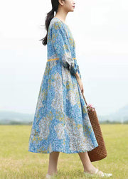 Plus Size Blue O-Neck tie waist Cinched Print Long Dresses Long Sleeve