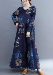 Plus Size Blue O-Neck wrinkled Print vacation Dresses Long Sleeve