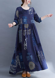 Plus Size Blue O-Neck wrinkled Print vacation Dresses Long Sleeve