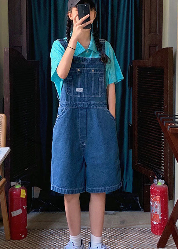 Plus Size Blue Original Design Cotton Denim Jumpsuit Shorts Summer