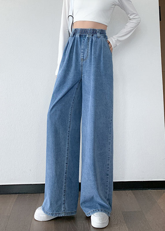 Plus Size Blue Original Design Elastic Waist Pockets Cotton Denim Wide Leg Pants Summer