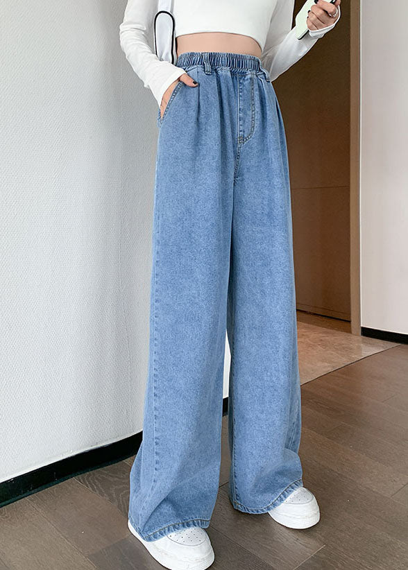 Plus Size Blue Original Design Elastic Waist Pockets Cotton Denim Wide Leg Pants Summer