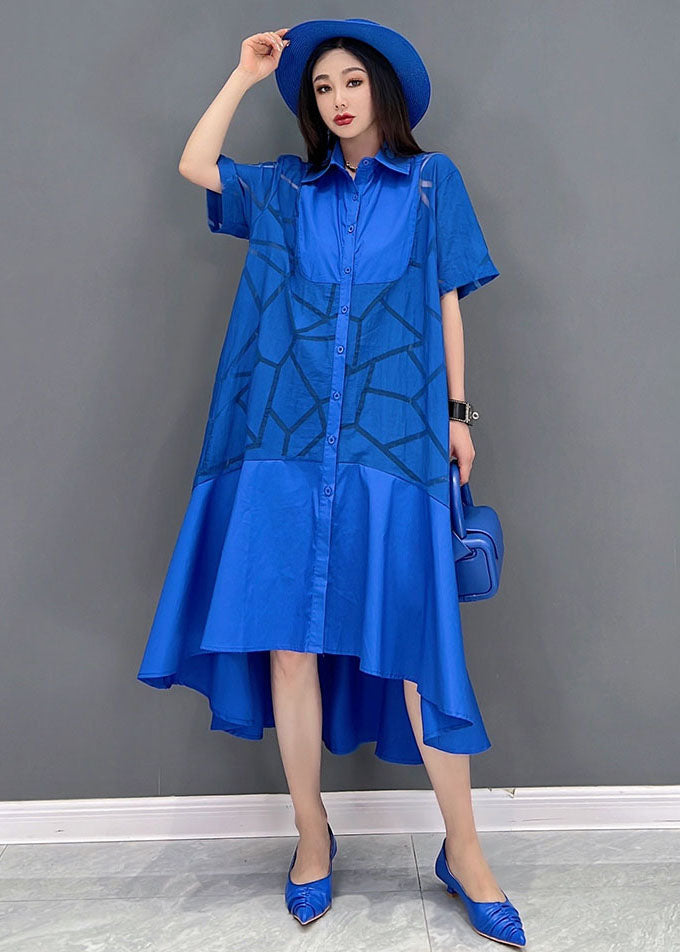 Plus Size Blue Peter Pan Collar Patchwork Ruffles Low High Design Cotton Dress Short Sleeve