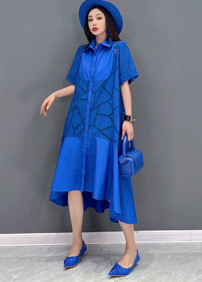 Plus Size Blue Peter Pan Collar Patchwork Ruffles Low High Design Cotton Dress Short Sleeve