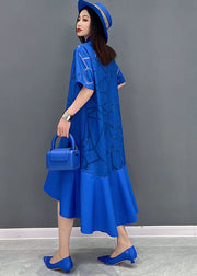 Plus Size Blue Peter Pan Collar Patchwork Ruffles Low High Design Cotton Dress Short Sleeve