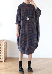 Plus Size Blue Plaid Cotton long shirt Button Spring Long Dresses - bagstylebliss